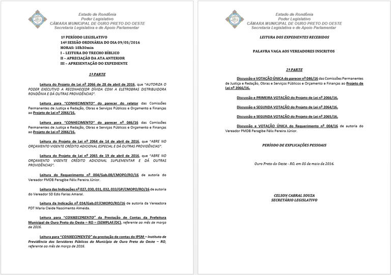 Informe Legislativo - 14ª Sessão Ordinária e 15ª Sessão Extraordinária 2016